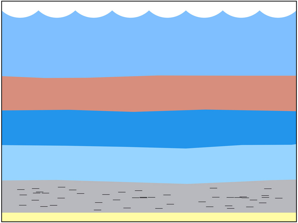 <span class='figure-reader-id'>Stage 5</span> Fast-flowing rivers carried and deposited sand, silt, and clay into the area. <br /> These sediments (small pieces of rock and dirt carried by water) were also piled into layers.