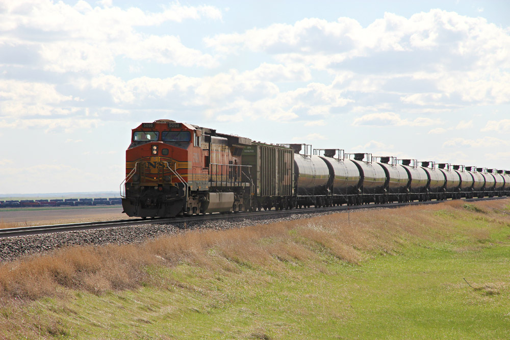 Train tanker cars carry petroleum and natural gas liquids (NGL) to refineries or processing plants