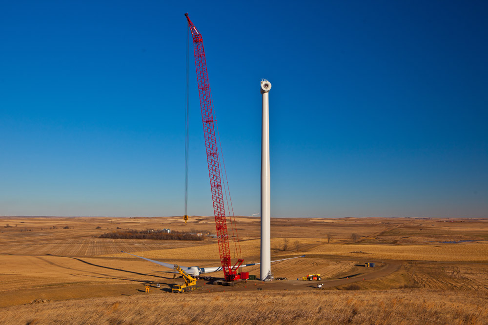 A wind turbine under construction