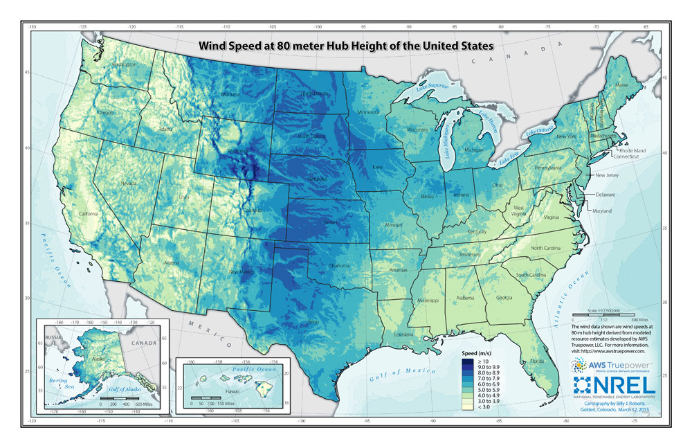Image 2: The wind <u>resources</u> in North Dakota rank <u>sixth</u> among all of the states in the United States. This map was created by the National Renewable Energy Laboratory for the U.S. Department of Energy using AWS Truepower data.