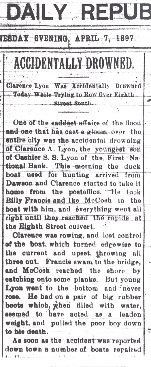 The editorial tone turned somber on the seventh day of the flood when a young man drowned in city flood waters.  Fargo Forum April 7, 1897. 
