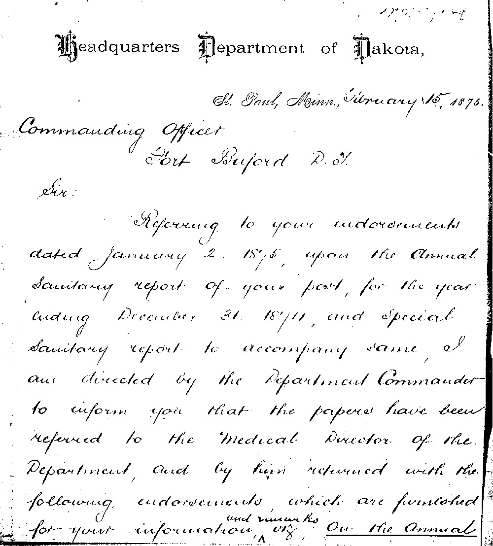 The Sanitation Report from Fort Buford identifies several conditions contributing to poor health among the enlisted soldiers. Most shocking is the lack of bathing facilities. Men bathed in the Missouri River in the summer and apparently did not bathe during the winter. When Fort Buford was re-built, a water tower was built to provide clean water for drinking and bathing at the post.