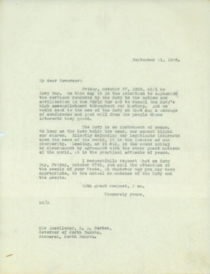 September 11, 1922 Letter to the Governor