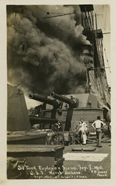 Photograph (Post Card) of the explosion and fire aboard the ship on September 8, 1910