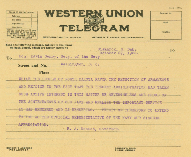 Telegram to Hon. Edwin Denby, Secy. Of the Navy